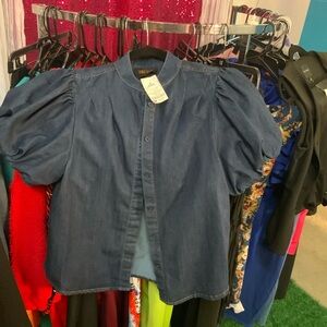 Dark Blue Denim Puff-Sleeve Button-Up Blouse